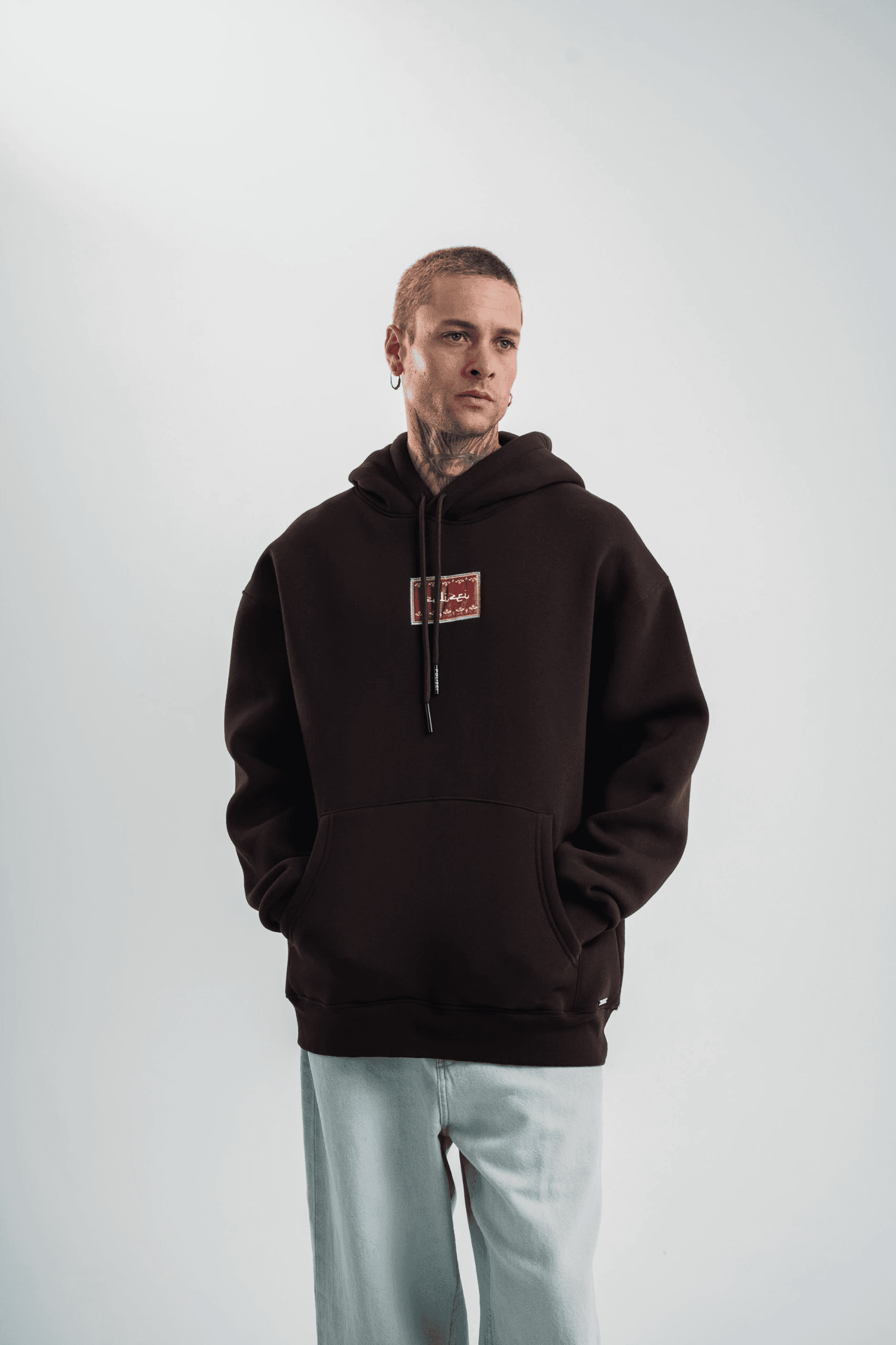 Erkek Nakışlı Kapüşonlu Oversize 3 İplik Pamuklu SweatShirt Hoodie - Siyah — görsel 1 / 8
