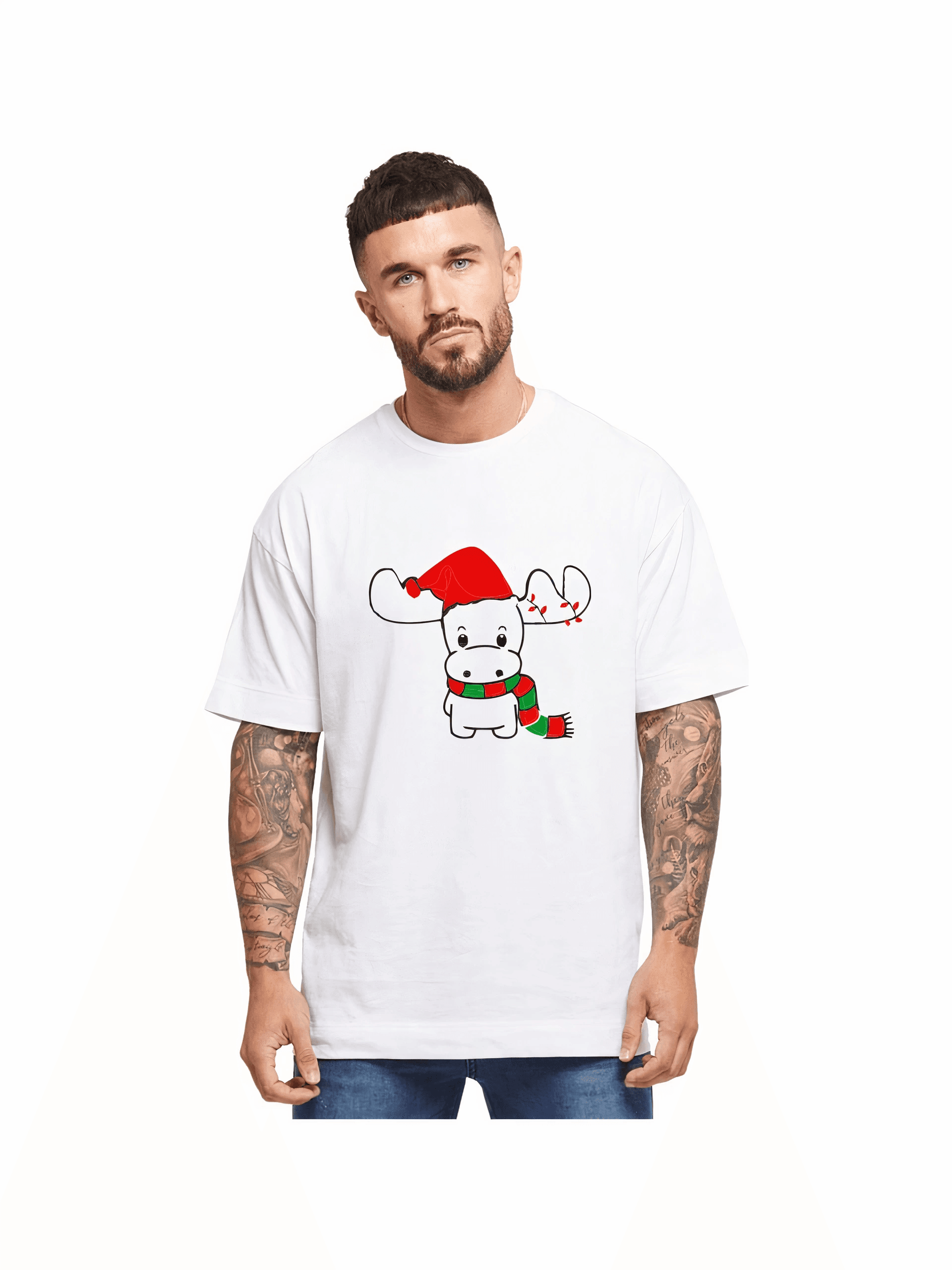 Yılbaşı Noel Ren Geyiği Baskılı Kısa Kollu Oversize Bisiklet Yaka T-shirt - Beyaz — görsel 1 / 2