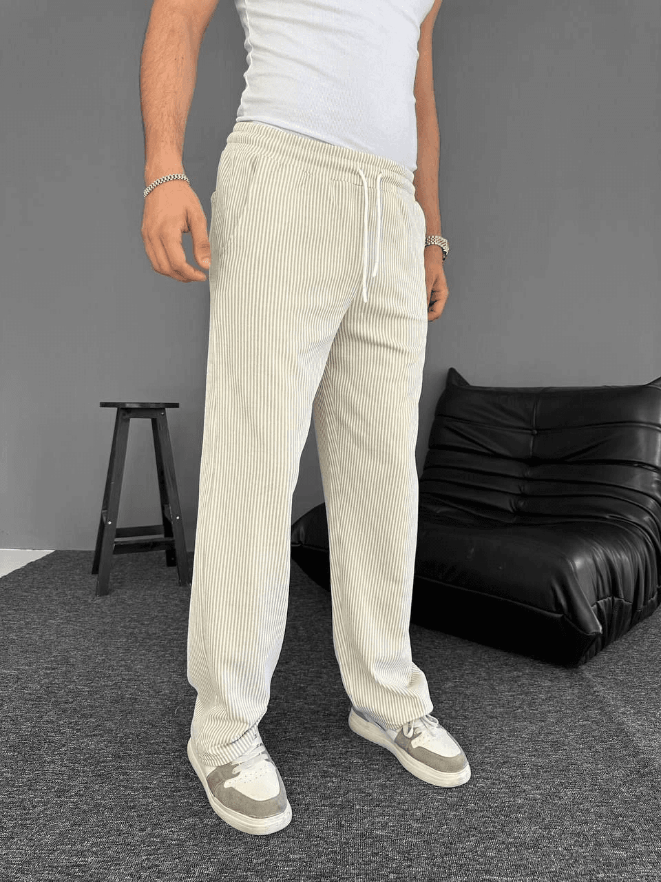 Erkek Su Yolu Çizgili Cepli Pantalon - Bej