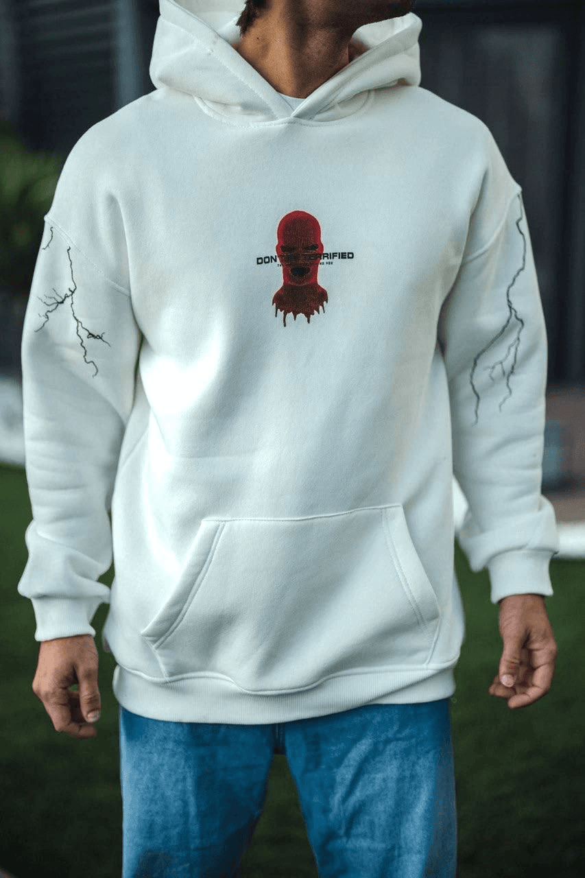 Erkek Kapüşonlu Kanguru Cepli Sweatshirt 3 İplik Pamuklu Baskılı Hoodie - Beyaz