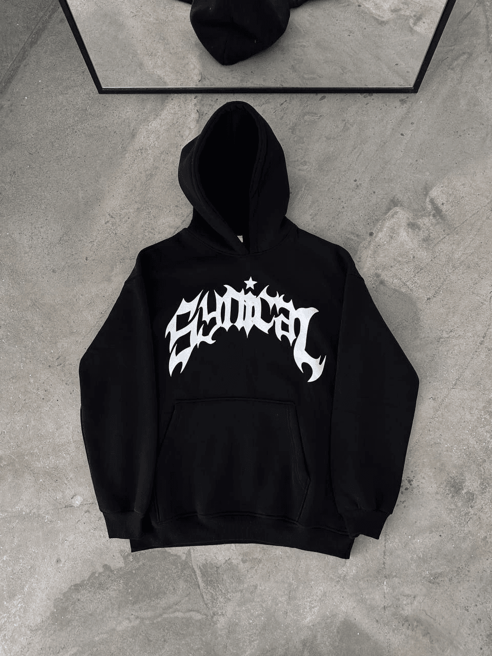 Erkek Kapüşonlu Kanguru Cepli Sweatshirt 3 İplik Pamuklu Baskılı Hoodie - Siyah