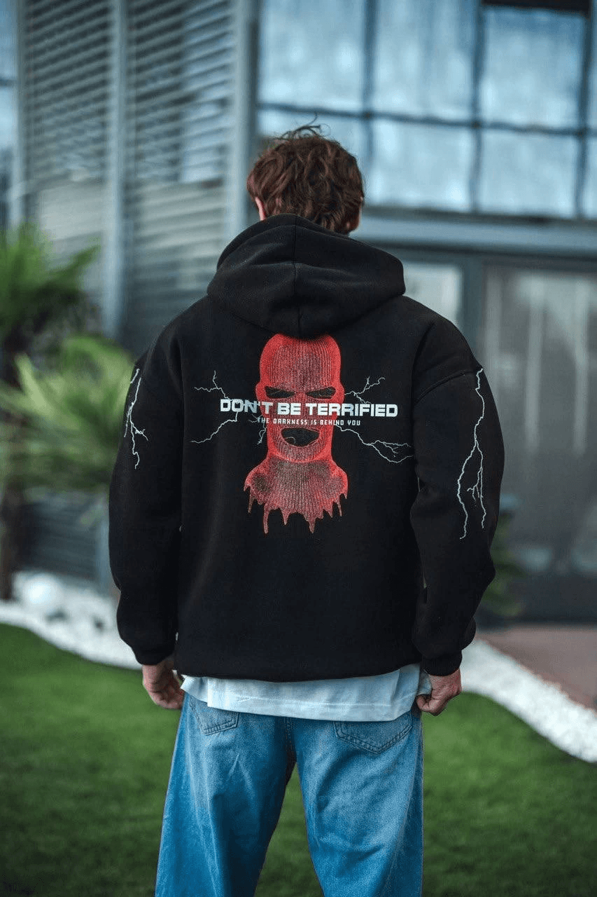 Erkek Kapüşonlu Kanguru Cepli Sweatshirt 3 İplik Pamuklu Baskılı Hoodie - Siyah — görsel 1 / 3