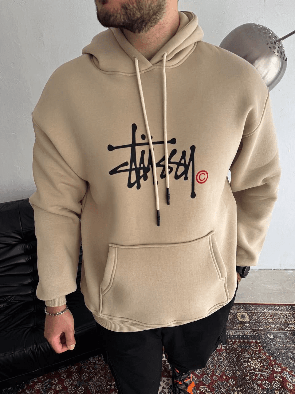 Erkek Üç İplik Kapşonlu Baskılı SweatShirt - Bej — görsel 1 / 2