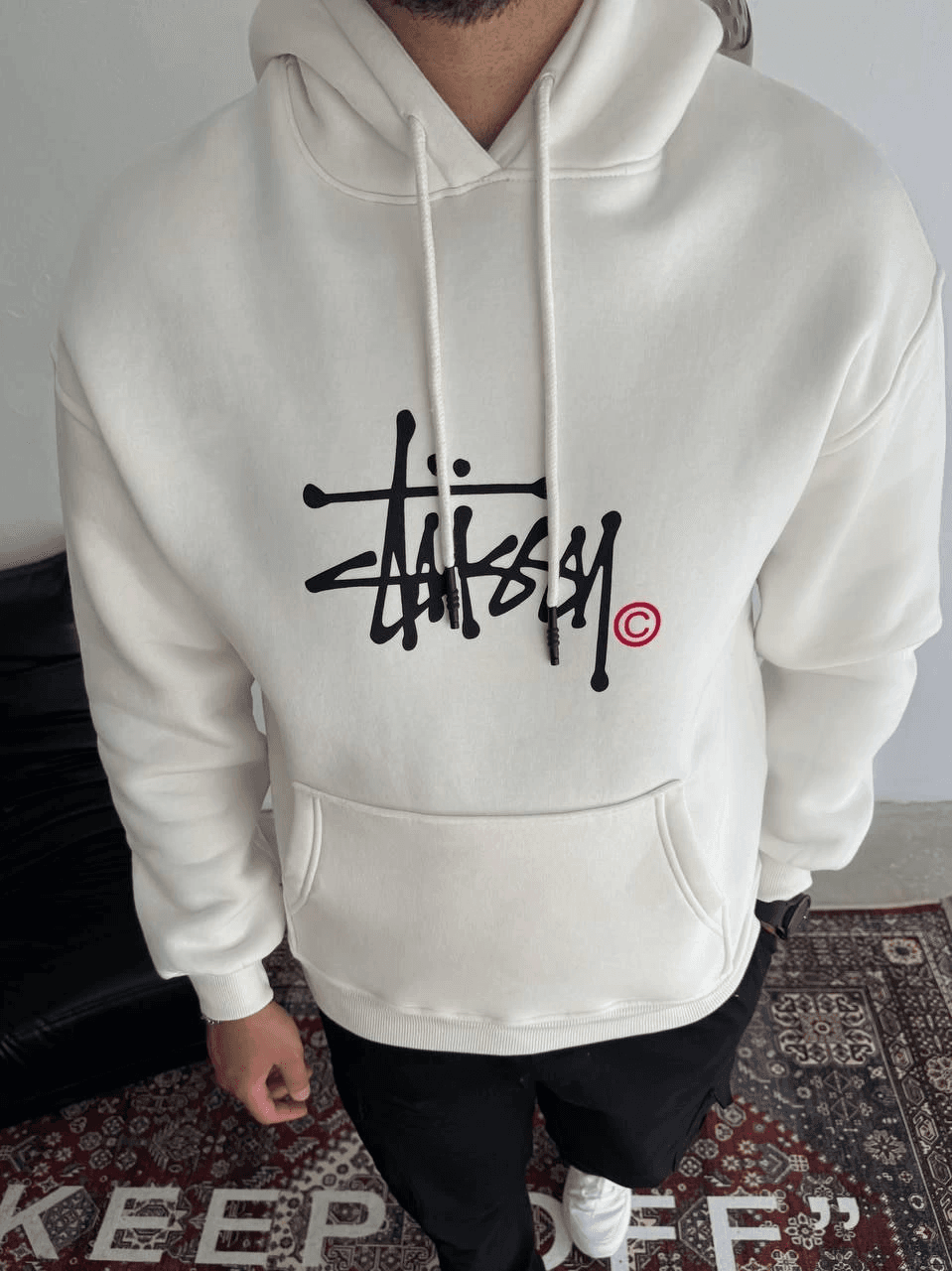 Erkek Üç İplik Kapşonlu Baskılı SweatShirt - Beyaz — görsel 1 / 3