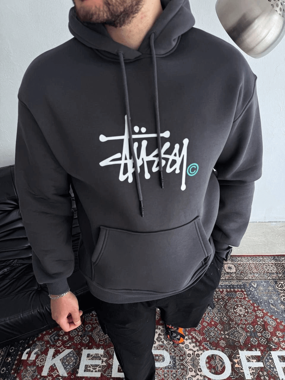 Erkek Üç İplik Kapşonlu Baskılı SweatShirt - Füme