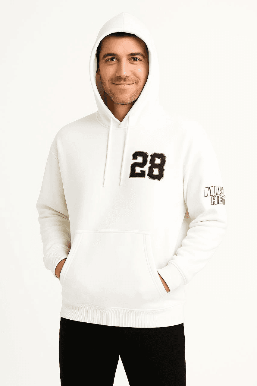 Erkek Kapüşonlu Kanguru Cepli Sweatshirt 3 İplik Pamuklu Baskılı Hoodie - Beyaz — görsel 1 / 6