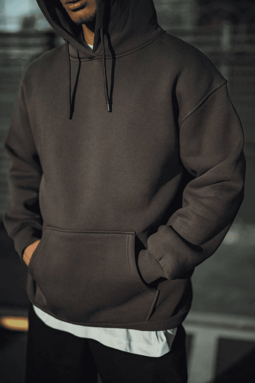 Erkek 3 İplik Pamuklu Kapüşonlu Basic SweatShirt Hoodie - Füme — görsel 1 / 3