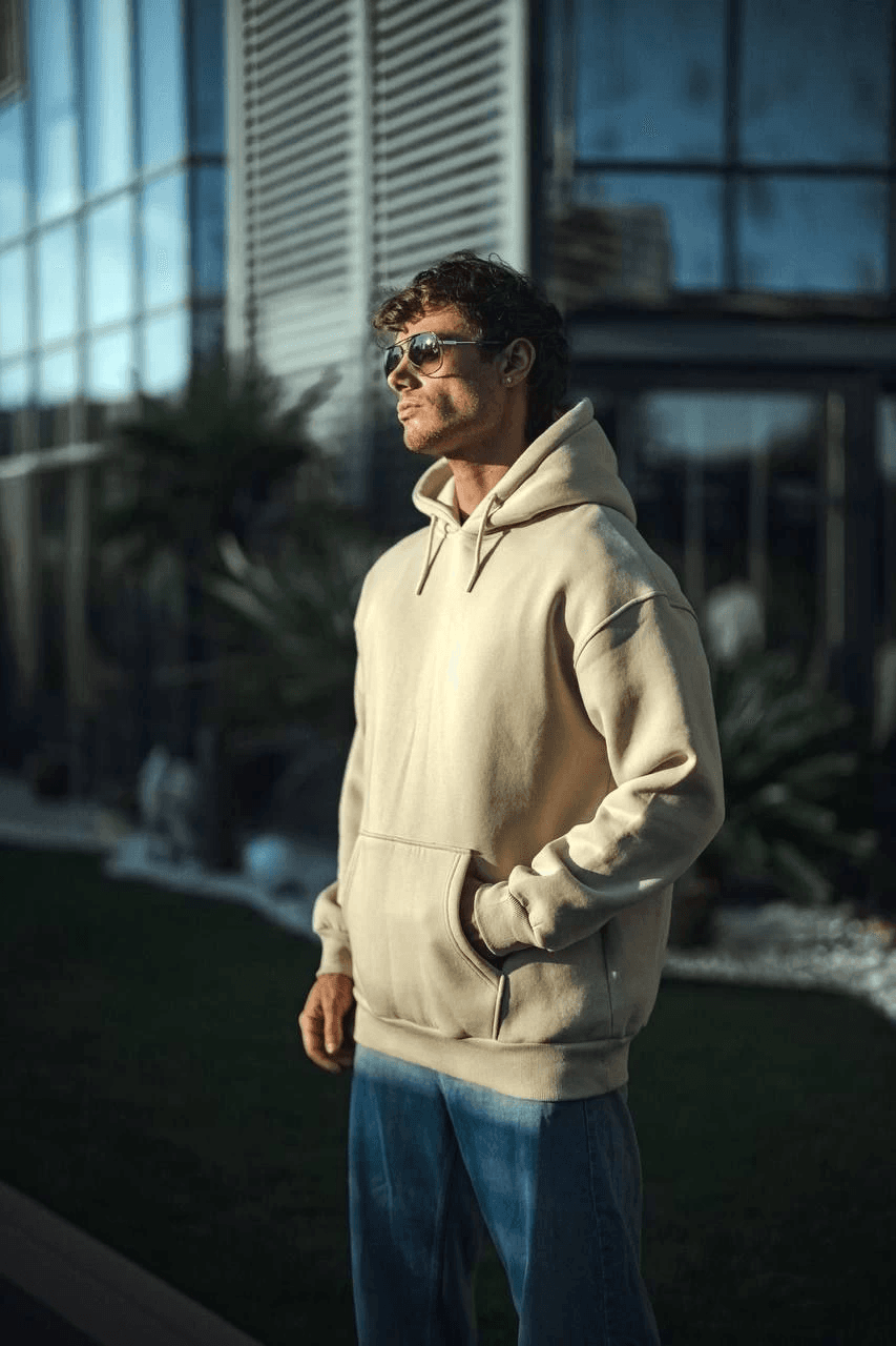 Erkek 3 İplik Pamuklu Kapüşonlu Basic SweatShirt Hoodie - Bej — görsel 1 / 3