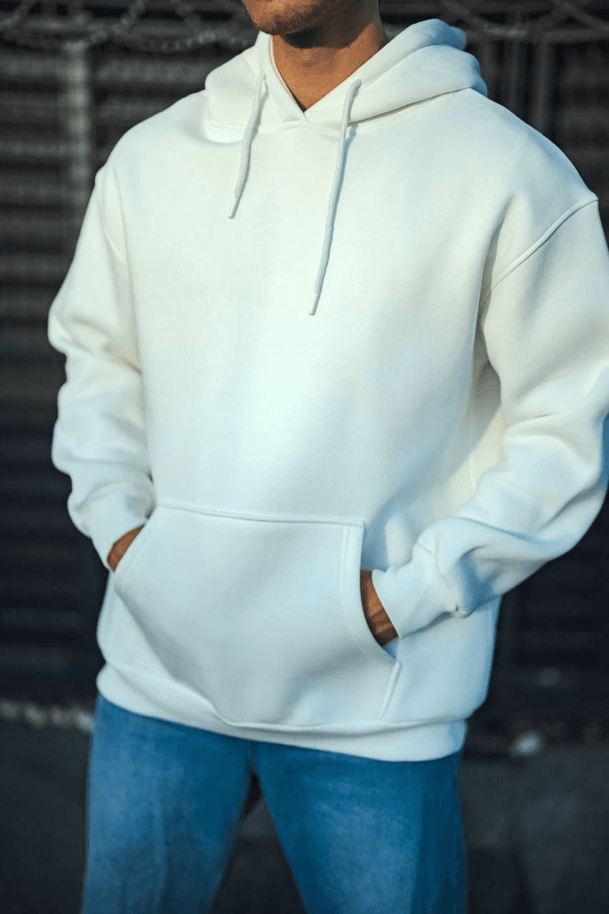 Erkek 3 İplik Pamuklu Kapüşonlu Basic SweatShirt Hoodie - Beyaz — görsel 1 / 3