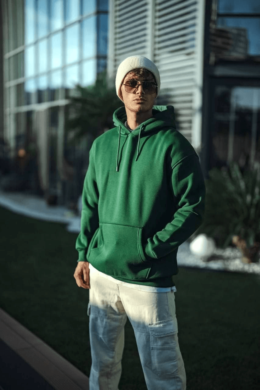 Erkek 3 İplik Pamuklu Kapüşonlu Basic SweatShirt Hoodie - Haki — görsel 1 / 3