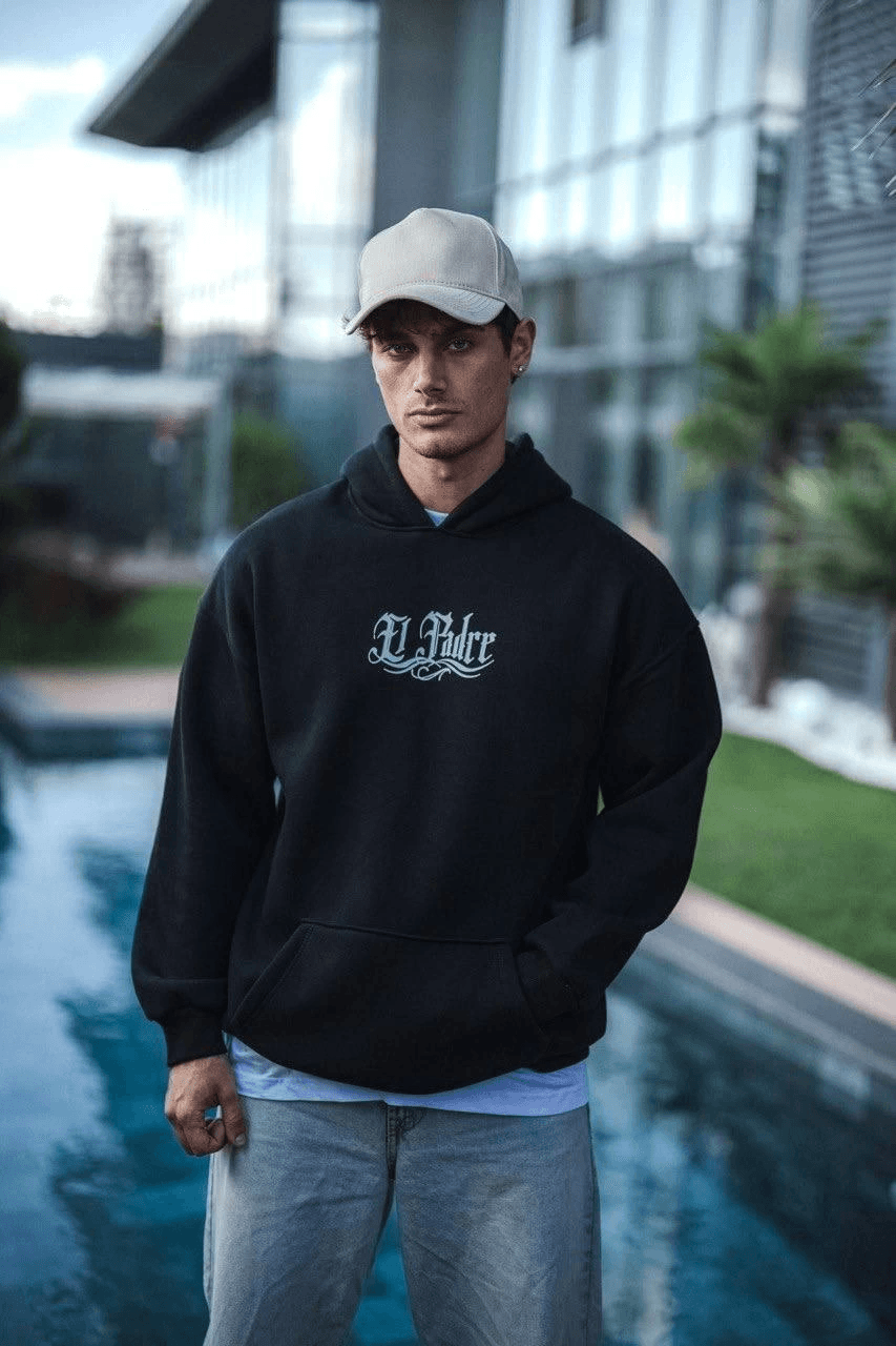 Erkek 3 İplik Pamuklu Kapüşonlu Baskılı Cepli Oversize Sweatshirt Hoodie - Siyah