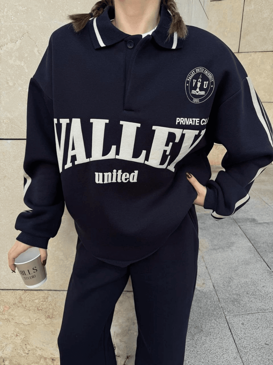 Kadın 3 İplik Pamuklu Yakalı Sweat Baggy Pantolonlu Alt-Üst Takım - Siyah