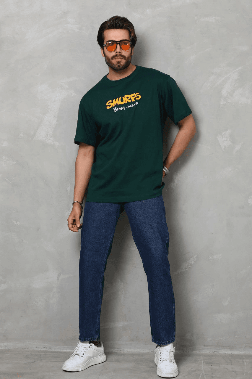 Erkek Kısa Kol Yazlık Tişört Bisiklet Yaka Baskılı Oversize T-Shirt - Yeşil