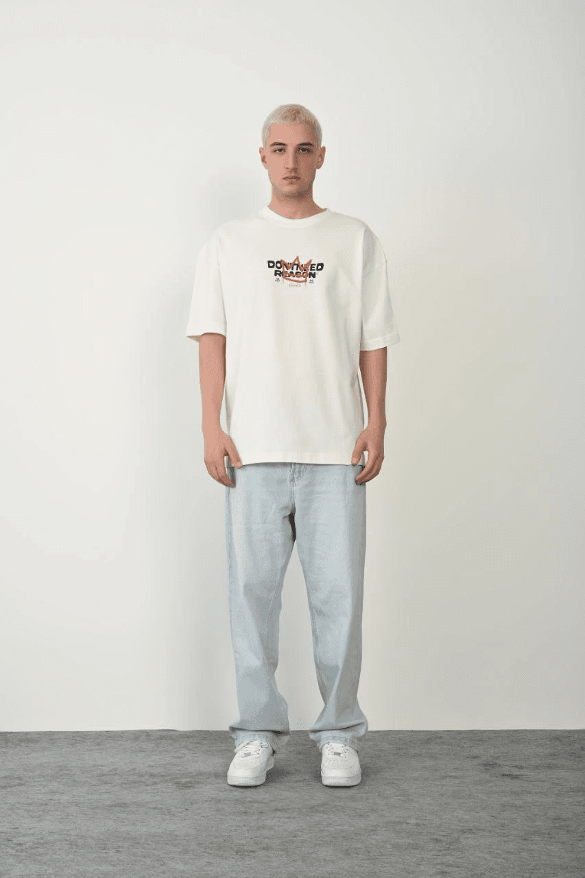 Erkek Baskılı T-Shirt Kısa Kol Bisiklet Yaka Rahat Kalıp Tişört - Beyaz — görsel 1 / 3
