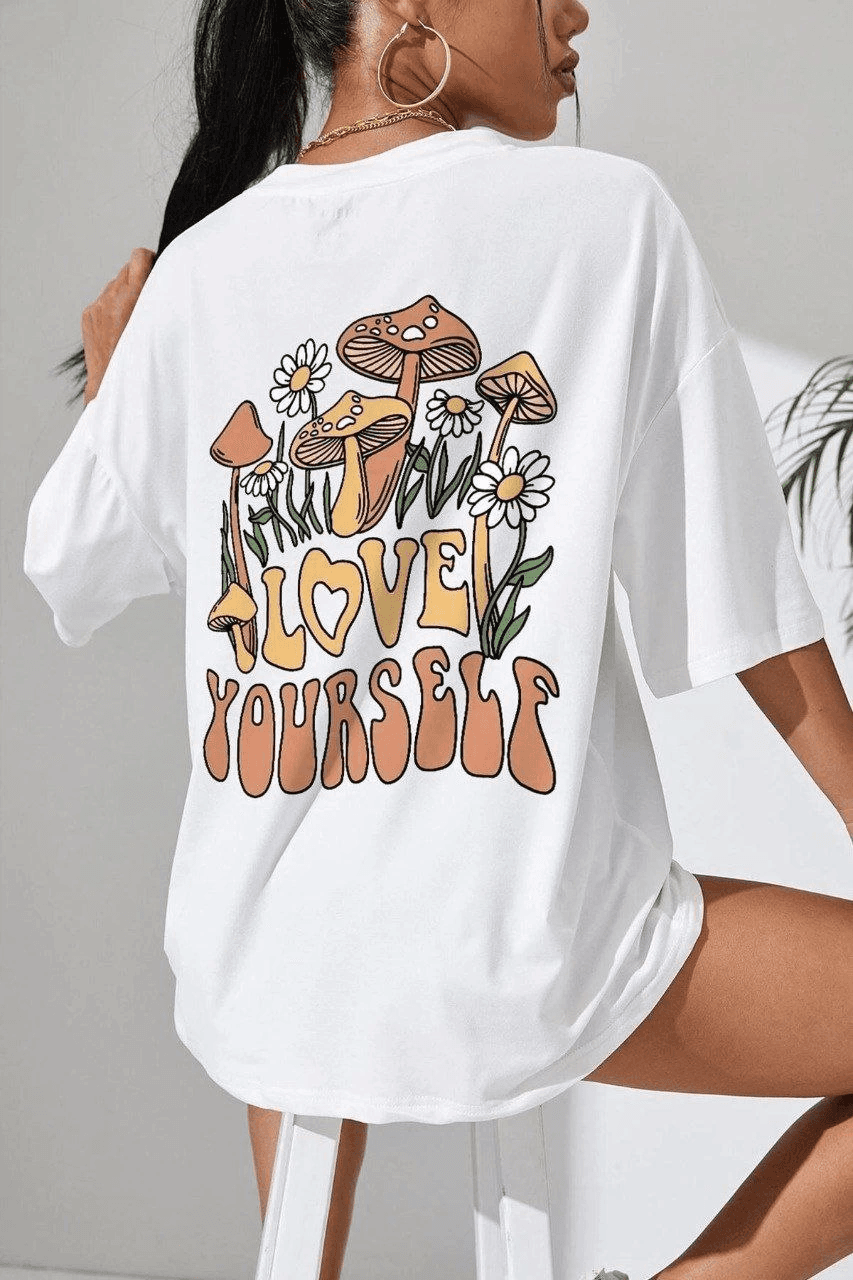 Kadın Baskılı Oversize kısa kol T-Shirt - Beyaz