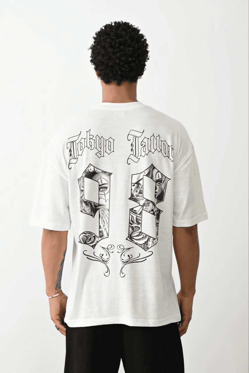 Erkek Kısa Kol Yazlık Tişört Bisiklet Yaka Baskılı Oversize T-Shirt - Beyaz