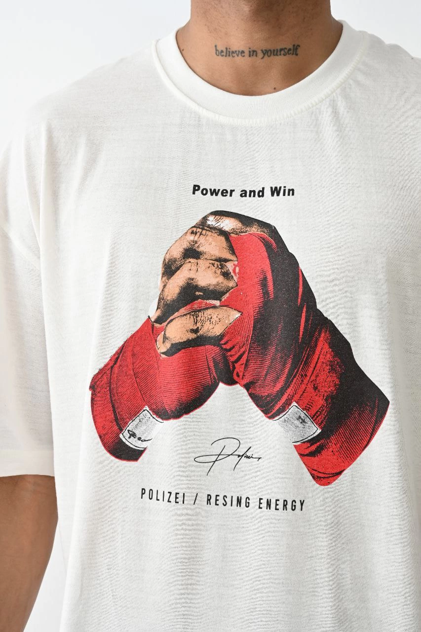 Erkek Box Eldiven Baskılı T-Shirt Kısa Kol Bisiklet Yaka Tişört - Beyaz — görsel 1 / 5