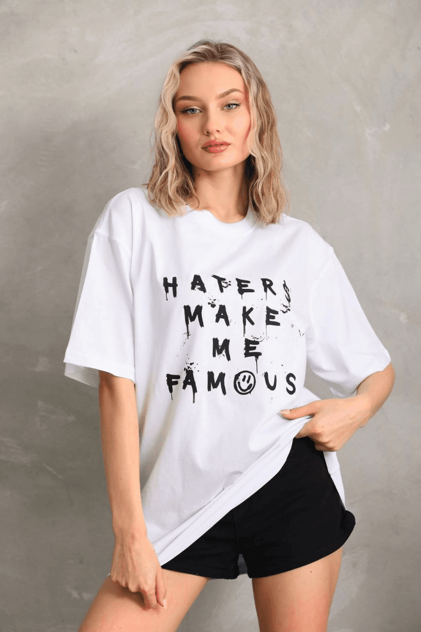 Kadın ön ve arka Baskılı Oversize Kısa kol T-Shirt - Beyaz