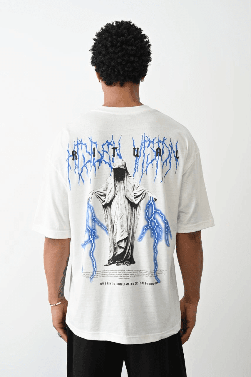 Erkek Kısa Kol Yazlık Tişört Bisiklet Yaka Baskılı Oversize T-Shirt - Beyaz