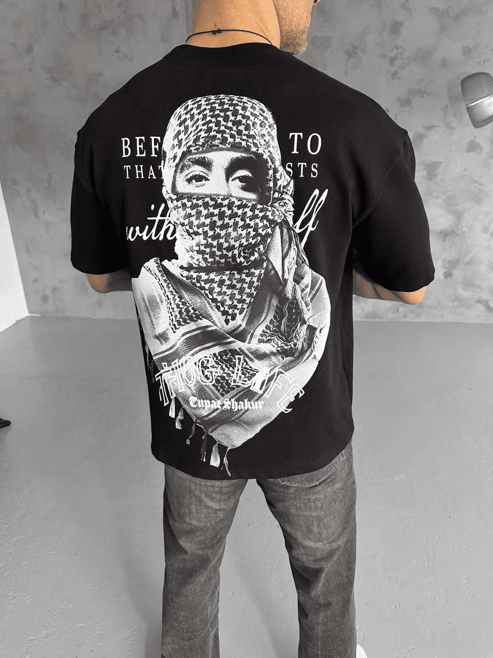 Erkek Kısa Kol Tişört Bisiklet Yaka Filistin Poşulu Baskılı T-Shirt - Siyah