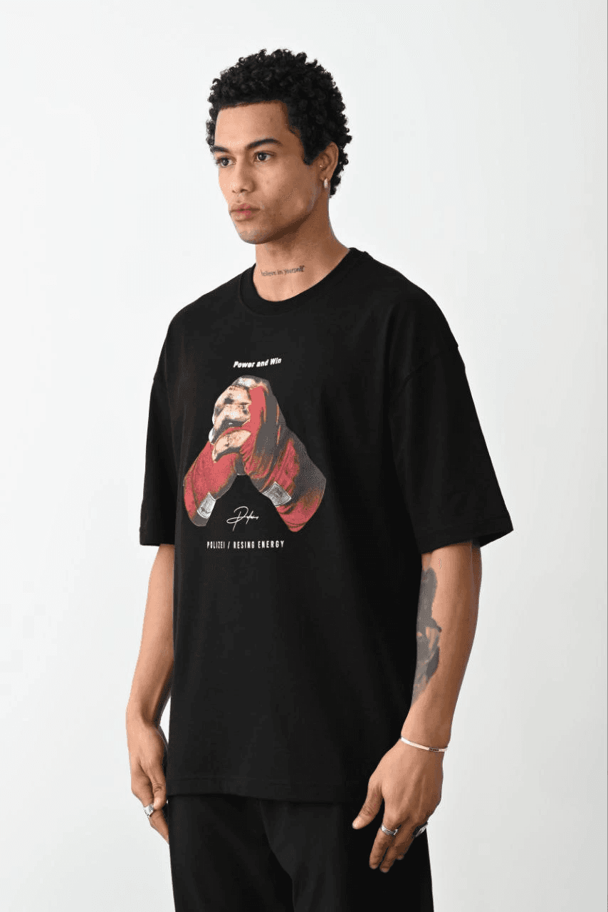 Erkek Boxy Eldiven Baskılı T-Shirt Kısa Kol Bisiklet Yaka Tişört - Siyah — görsel 1 / 5