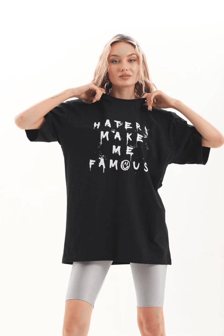 Kadın Kısa Kol Yazlık Tişört Bisiklet Yaka Baskılı Oversize T-Shirt - Siyah — görsel 1 / 8
