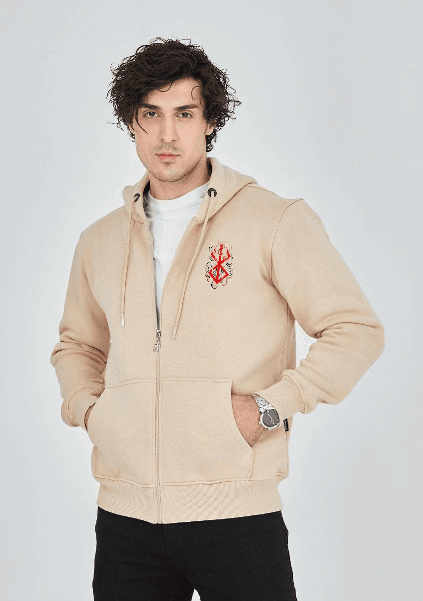 Erkek 3 İplik Pamuklu Kapüşonlu Tam Fermuarlı Cepli Hoodie Sweatshirt - Bej