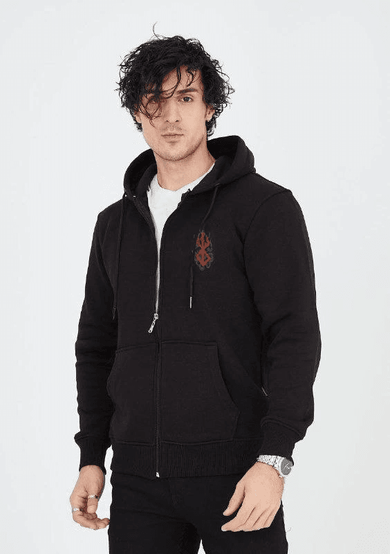 Erkek 3 İplik Pamuklu Kapüşonlu Tam Fermuarlı Cepli Hoodie Sweatshirt - Siyah — görsel 1 / 2