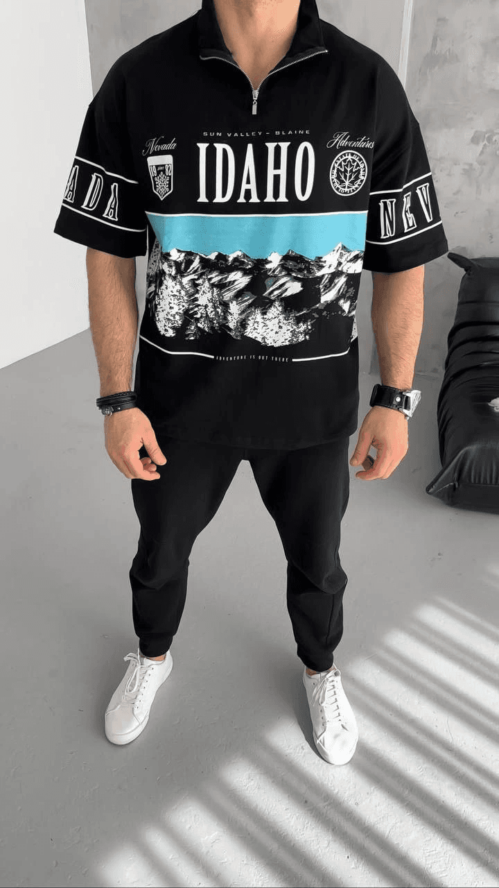 Erkek Baskılı Yarım Fermuarlı Kısa kol T-Shirt - Siyah