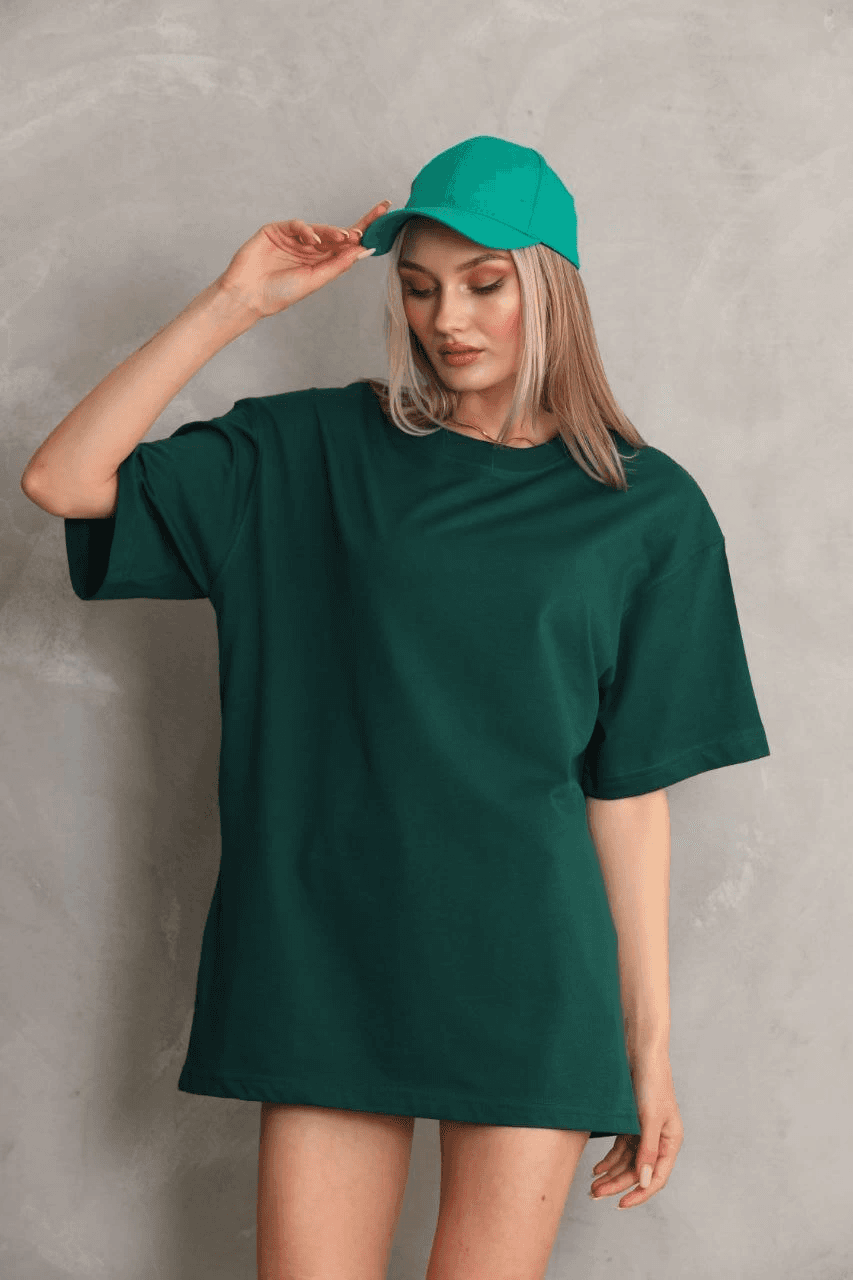 Kadın Düz Kısa kol Penye T-shirt- Yeşil