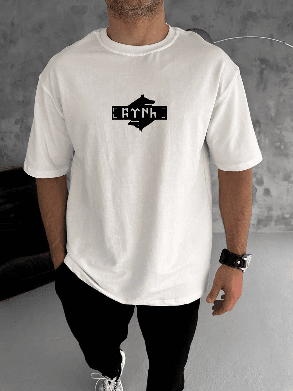 Erkek Kısa Kol Yazlık Tişört Bisiklet Yaka Baskılı Oversize T-Shirt - Beyaz — görsel 1 / 3