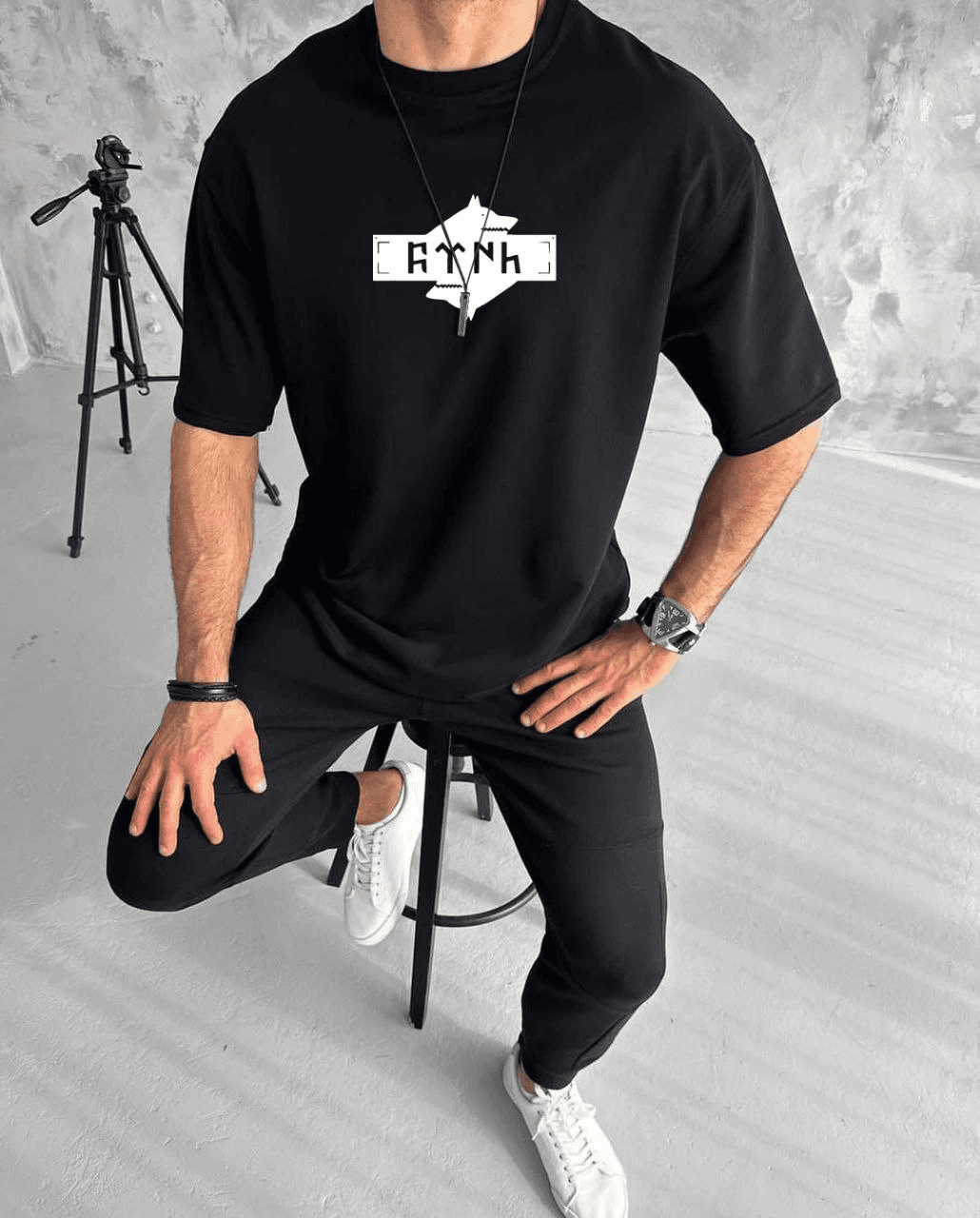 Erkek Kısa Kol Yazlık Tişört Bisiklet Yaka Baskılı Oversize T-Shirt - Siyah — görsel 1 / 3