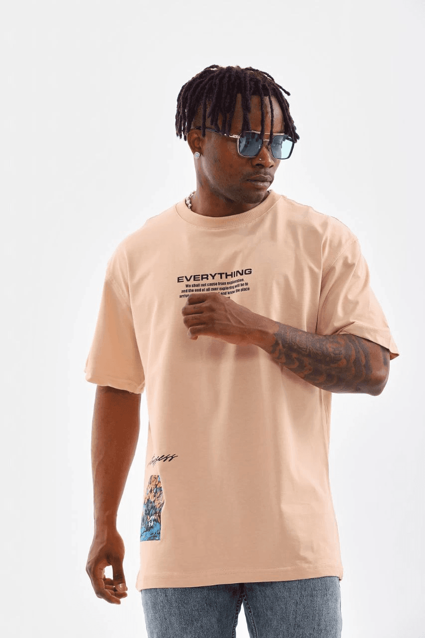 Erkek Bisiklet Yaka Baskılı Oversize T-Shirt - Bej — görsel 1 / 8