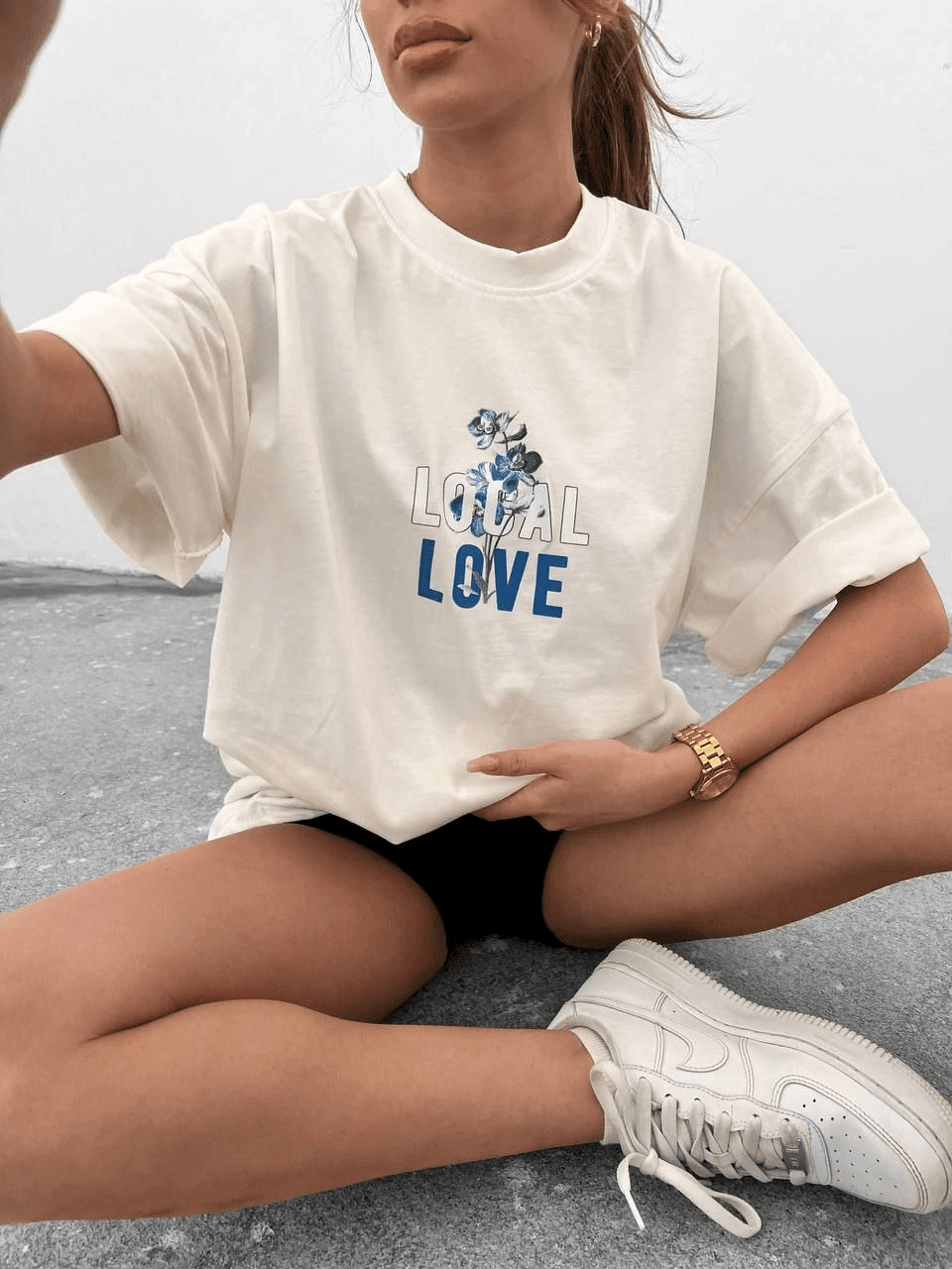 kadın Bisiklet Yaka Baskılı oversize Kısa kol T-Shirt - Beyaz