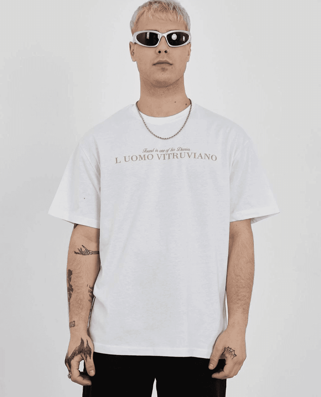 Erkek Bisiklet Yaka Tişort Baskılı Oversize kısa kol T-Shirt - Beyaz
