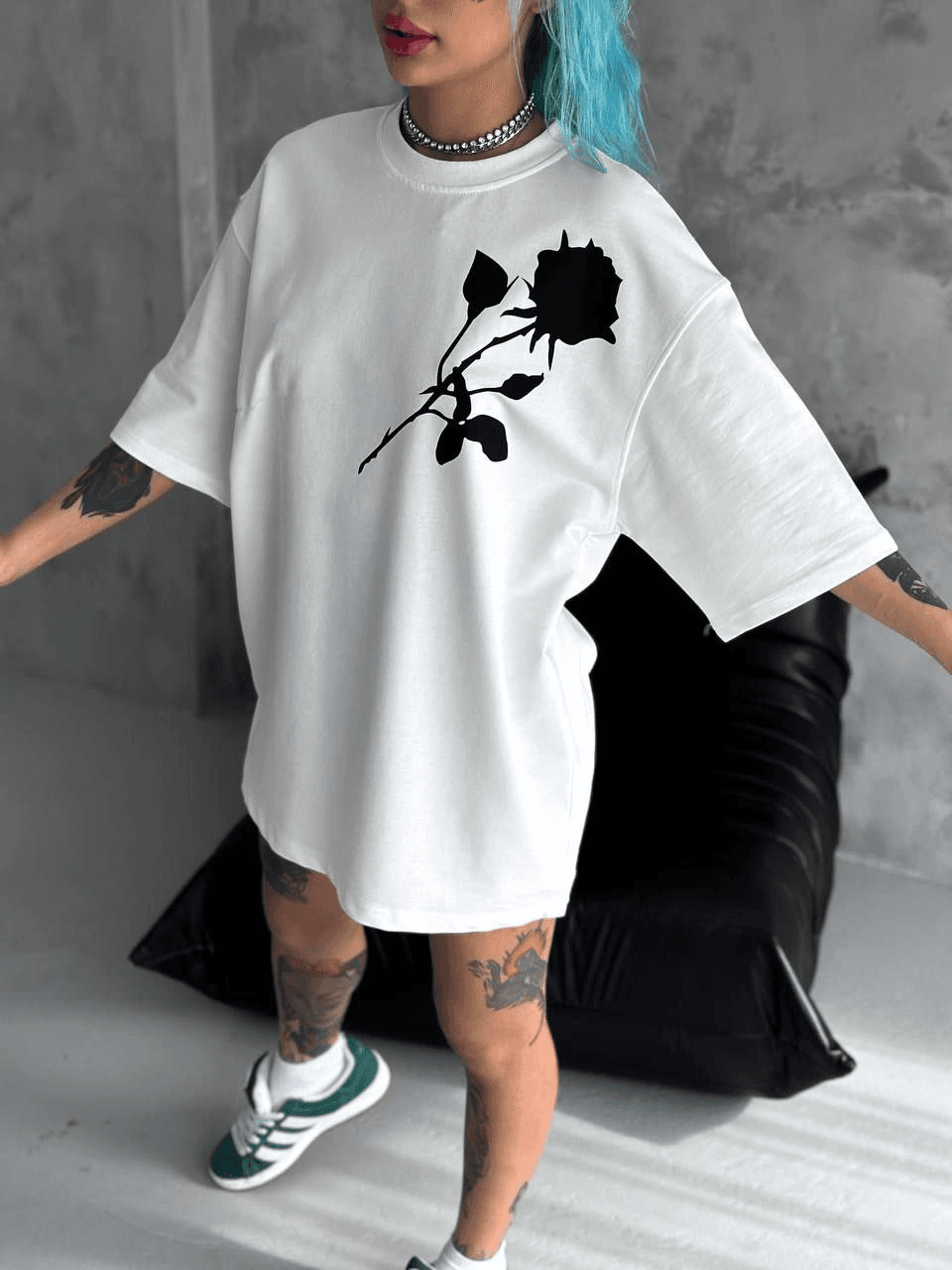 kadın Bisiklet Yaka Baskılı Oversize Kısa kol T-Shirt - Beyaz — görsel 1 / 3