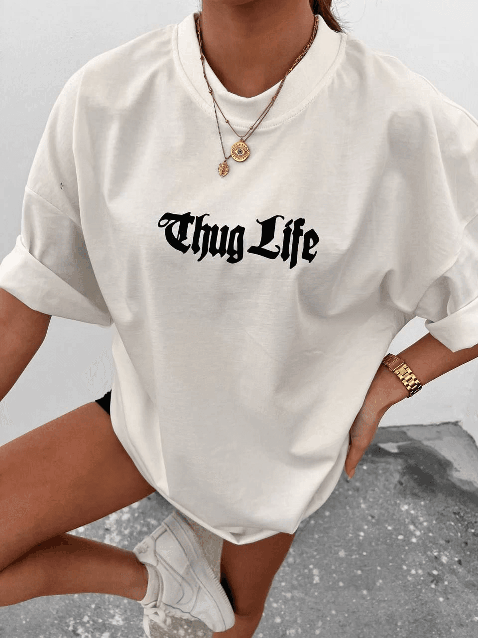 Kadın Bisiklet Yaka Baskılı Oversize Kısa kol T-Shirt - Beyaz