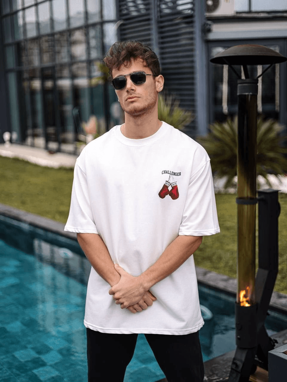 Erkek Kısa Kol Tişört Bisiklet Yaka Boxy Eldiven Baskılı T-Shirt - Beyaz — görsel 1 / 3