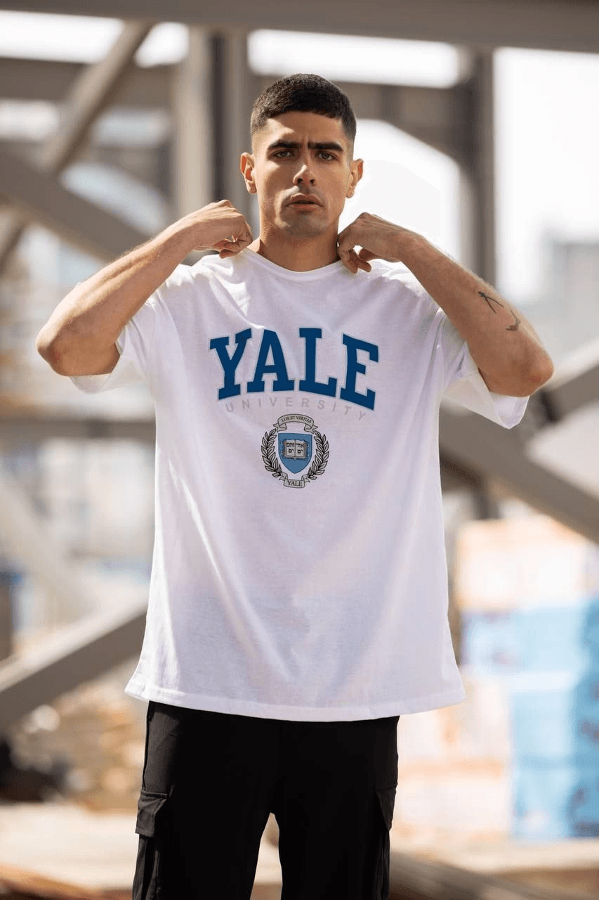 Erkek Kısa Kol Yazlık Tişört Bisiklet Yaka YALE Baskılı T-Shirt - Beyaz — görsel 1 / 4