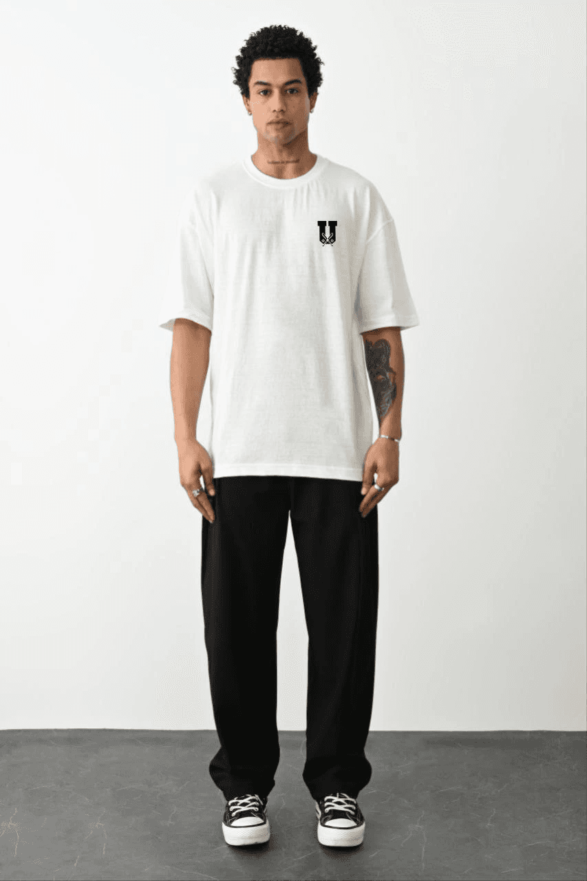 Erkek Kısa Kol Yazlık Tişört Bisiklet Yaka Baskılı Oversize T-Shirt - Beyaz