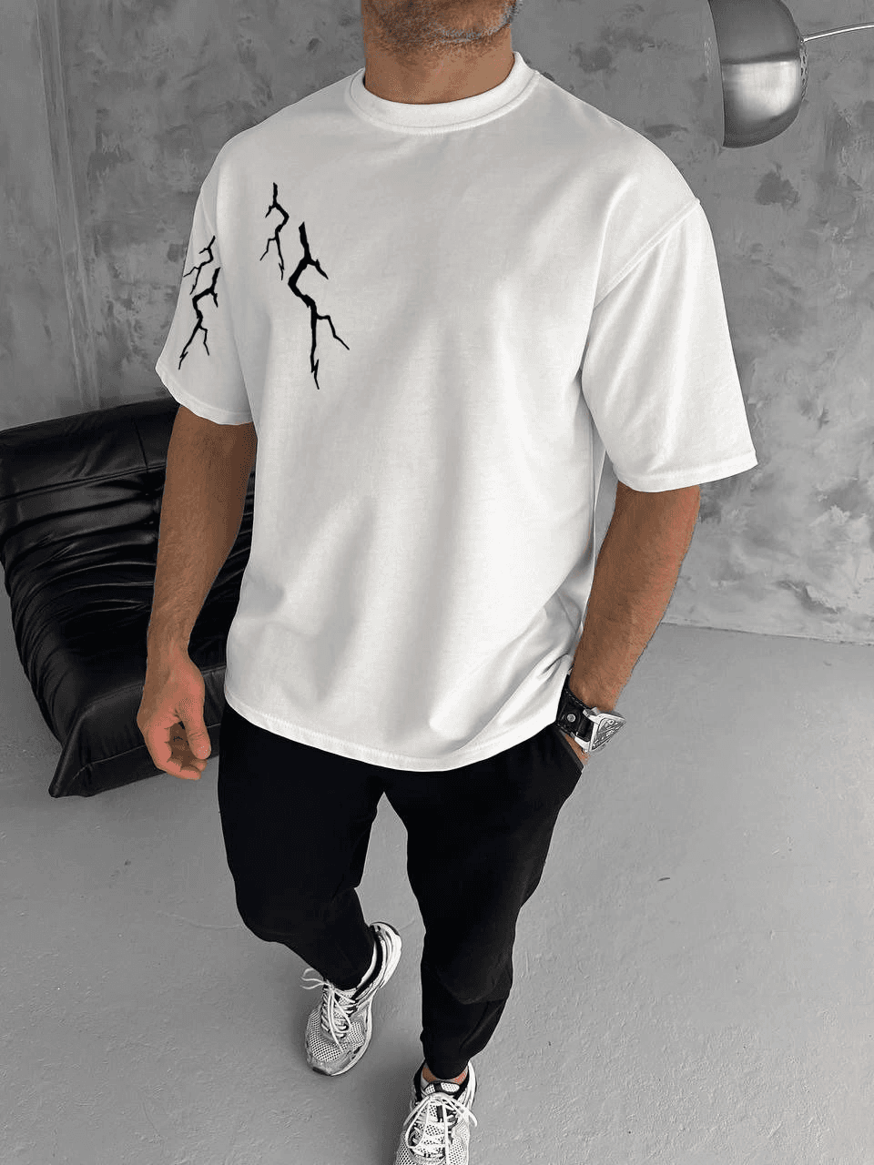 Erkek Kısa Kol Tişört Bisiklet Yaka Yıldırım Baskılı Oversize T-Shirt - Beyaz