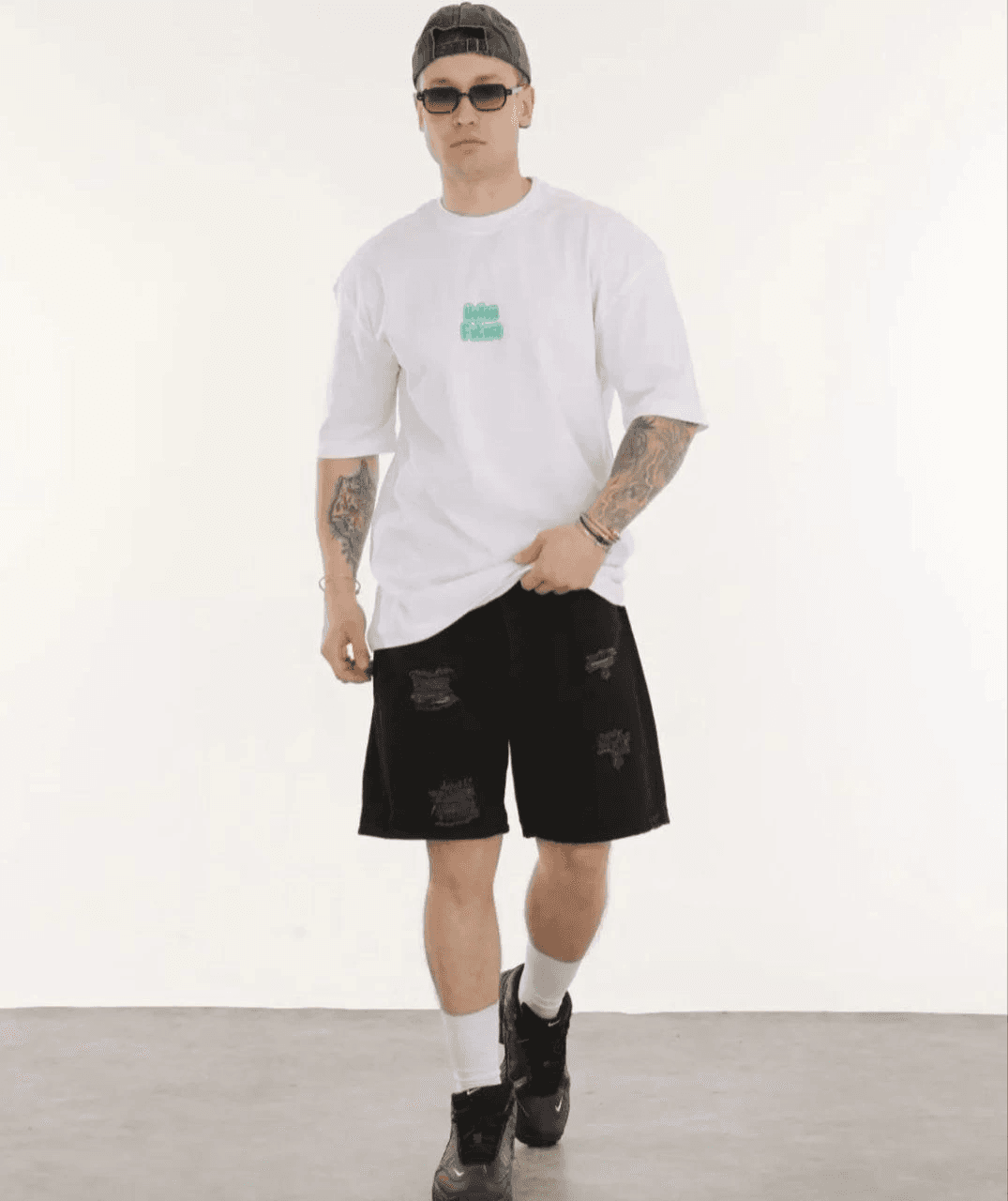 Erkek Kısa Kol Yazlık Tişört Bisiklet Yaka Baskılı Oversize T-Shirt - Beyaz