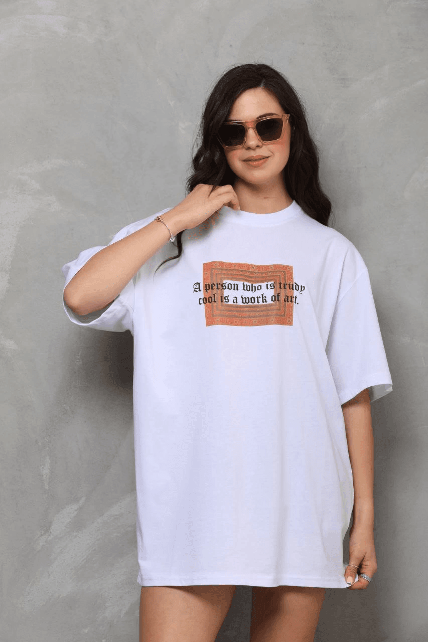 Kadın Baskılı T-Shirt Kısa Kol Bisiklet Yaka Oversize Rahat Kalıp Tişört - Beyaz