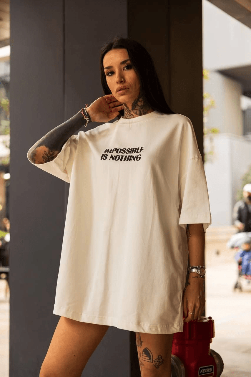 Kadın Bisiklet Yaka Baskılı Oversize Kısa kol T-Shirt - Beyaz