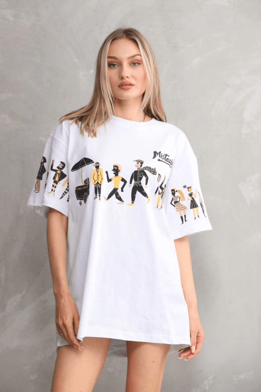 kadın Bisiklet Yaka Baskılı Oversize T-Shirt - Beyaz — görsel 1 / 8