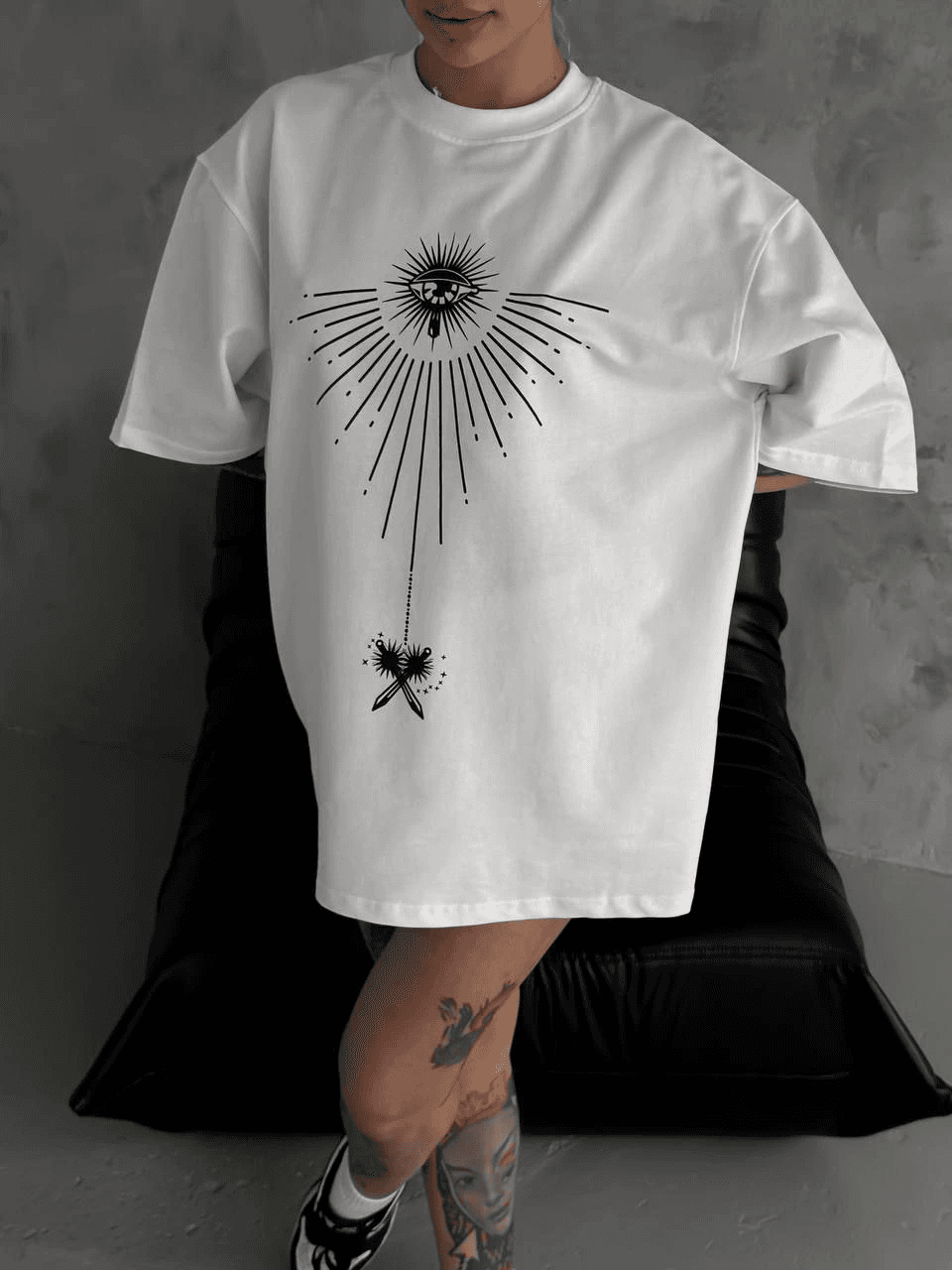 kadın Bisiklet Yaka Baskılı Oversize Kısa kol T-Shirt - Beyaz