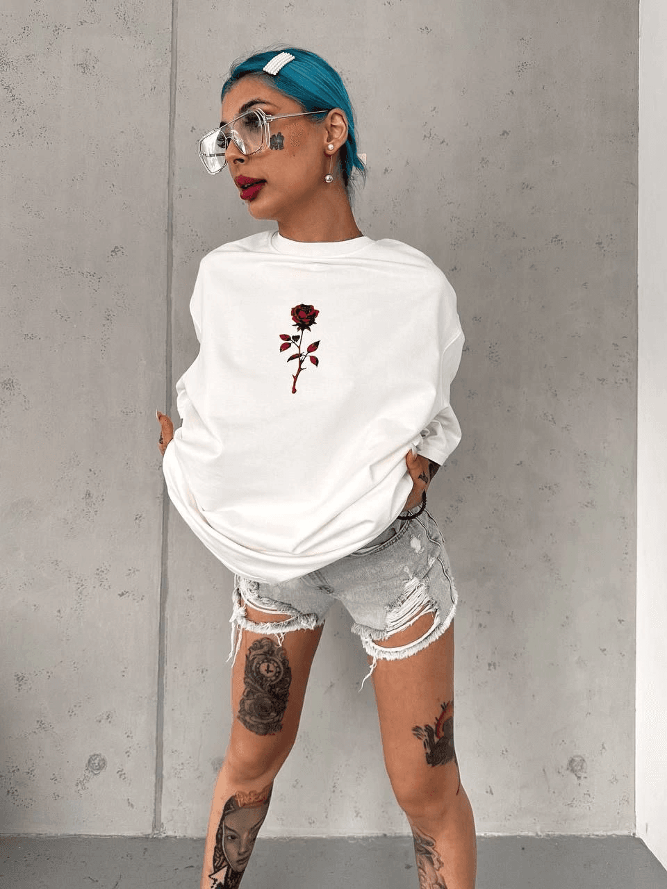 kadın Bisiklet Yaka Baskılı Oversize Kısa kol T-Shirt - Beyaz