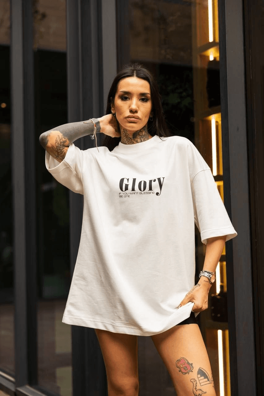 kadın Bisiklet Yaka Baskılı Oversize Kısa kol T-Shirt - Beyaz