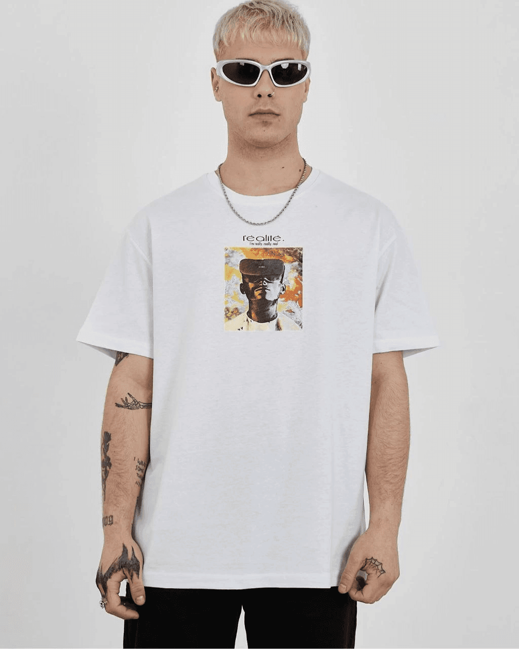 Erkek Kısa Kol Yazlık Tişört Bisiklet Yaka Baskılı Oversize T-Shirt - Beyaz