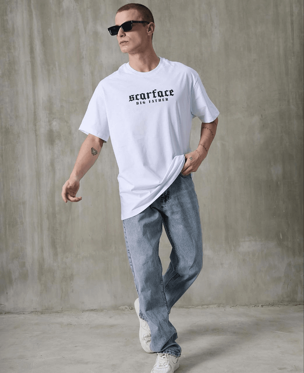 Erkek Kısa Kol Yazlık Tişört Bisiklet Yaka Baskılı Oversize T-Shirt - Beyaz
